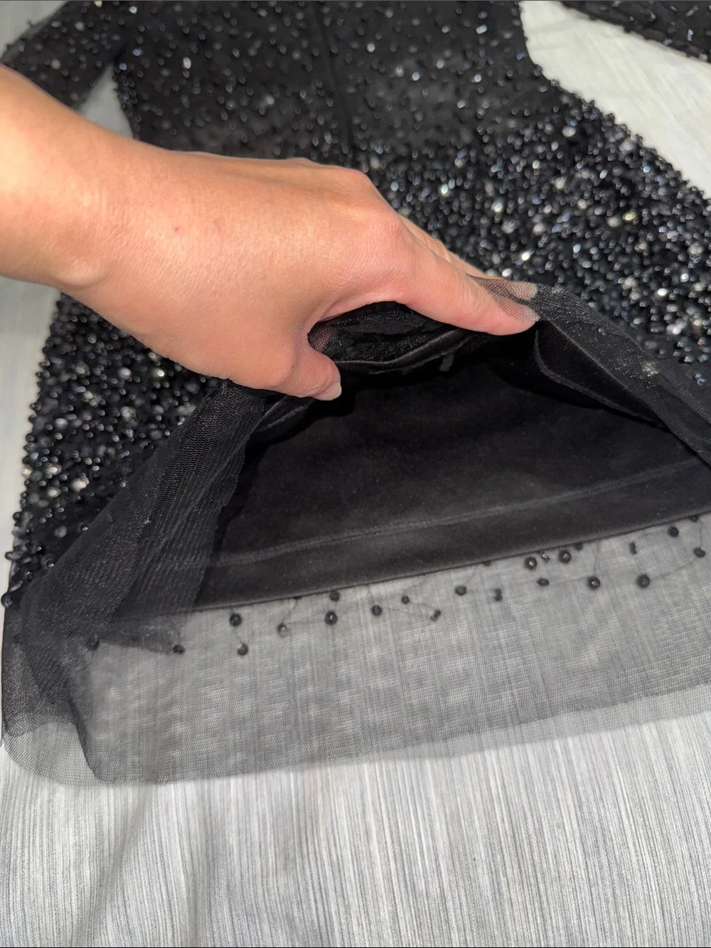 Black Beaded Sheer Mesh Long-Sleeve Mesh Mini Cocktail Dress - Picture 13 of 17